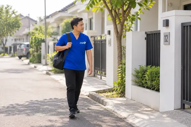 Terapis pria Tinggal Panggil berjalan di jalan perumahan menuju rumah pelanggan