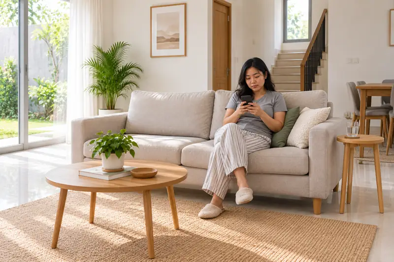 Pelanggan duduk di sofa dan booking pijat lewat WhatsApp di HP