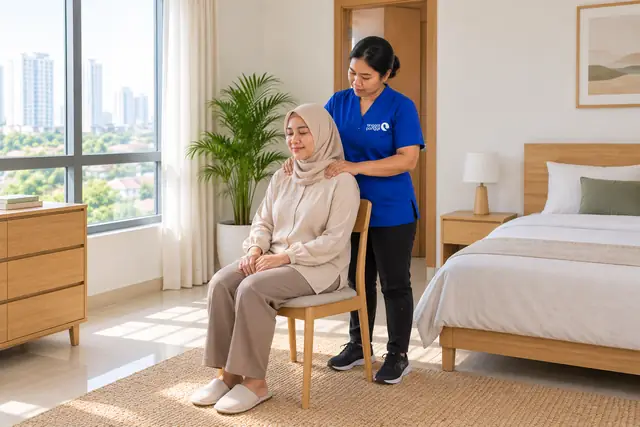 Terapis wanita Tinggal Panggil memijat bahu pelanggan wanita berhijab yang duduk di kursi